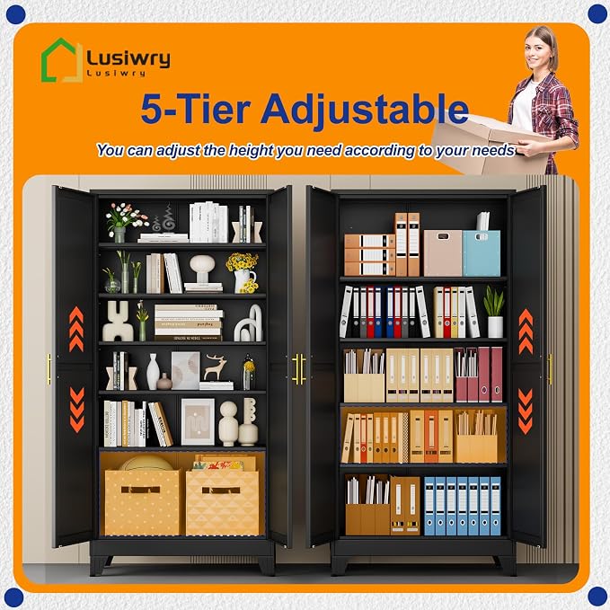 Metal Storage Cabinet with 2 Doors and 5 Adjustable Shelves - 75.2" Steel File Cabinet,Tool Cabinets for Office,Home,Garage,Gym,School (Black)