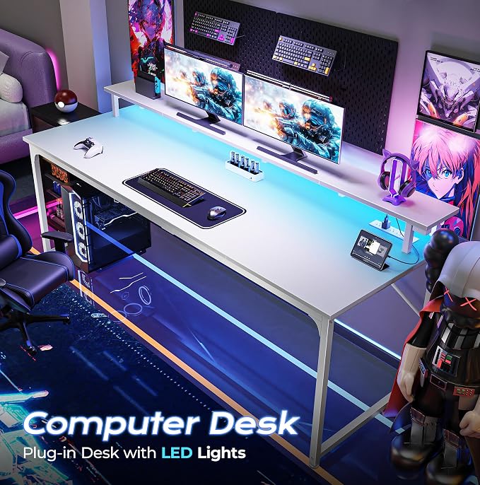 63 inch Gaming Desk, LED & Power Outlets, Monitor Stand, White | Sturdy PC Desk for Home Office, Study & Work, LED Lights, 4 AC Outlets & USB-C Charging Station