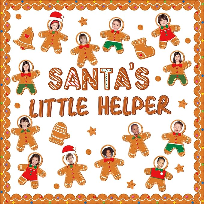 Christmas Bulletin Board Decoration Xmas Gingerbread Man Paper Cutouts DIY Photo Crafts Christmas Stocking Bulletin Board Set for Winter Holiday Classroom Wall Door Decor Home School Supplies