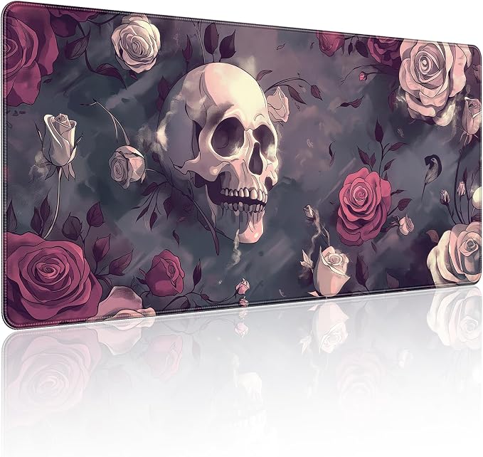 35.4 x 15.7 in, XXL Large Mouse Pad for Desk, Extended Keyboard Mouse Mat for Computer Office, Big Mouse pad with Stitched Edges, Gaming Pc-Skull red Pink Rose Butterfly