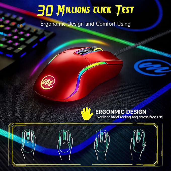 memzuoix Wired Gaming Mouse with RGB - 6 Adjustable DPI up to 12800, 6 Buttons, 12 Lighting Modes, Ergonomic Design with Anti-Slip Rubber Wheel, 5.6ft Braided Cable for PC/Mac/Windows - Red