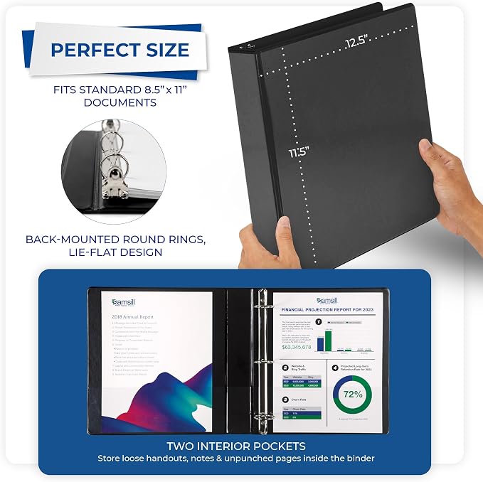 Samsill 1.5 Inch 3 Ring Binders, Economy Round Ring, Clear View Cover, 325 Sheet Capacity - for School, Home, Office - Black, 12 Pack