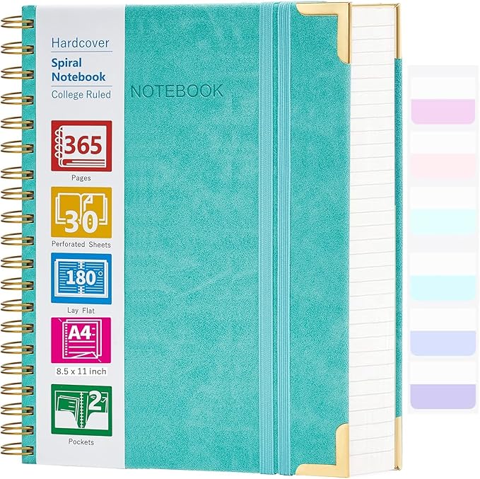 Spiral Notebook, 365 Page Hardcover College Ruled Notebook, 8.5" x 11", Large Leather Notebook Journal for Men Women, A4 Notebooks for Work School Notes, Journals for Writing, 24pcs Index Tabs, Teal