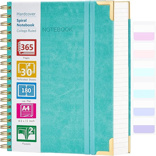 Spiral Notebook, 365 Page Hardcover College Ruled Notebook, 8.5" x 11", Large Leather Notebook Journal for Men Women, A4 Notebooks for Work School Notes, Journals for Writing, 24pcs Index Tabs, Teal