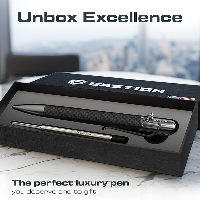 BASTION Luxury Executive Bolt-Action Ballpoint Pen for Men & Women | Ink Refillable Retractable Office Business Writing Pen | Glass Breaker Metal Self-Defense EDC (Carbon Fiber/Stainless Steel)