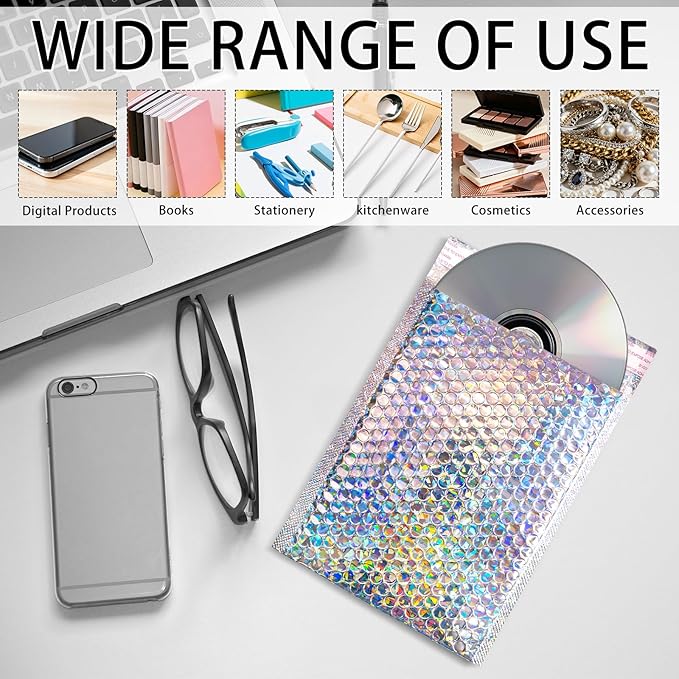 Metallic Bubble Mailers Set of 50, 3 Sizes Holographic Bubble Shipping Bags, Waterproof Self Seal Padded Cushion Envelopes for Packing, Mailing, Business, Jewelry, Makeup
