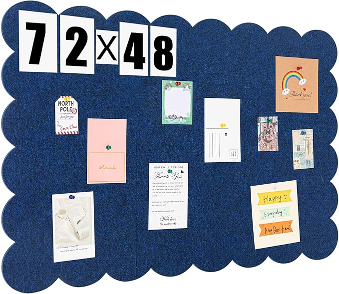 Scalloped Felt Bulletin Board 72 x 48 Inches Foldable Dark Blue Pin Cork Board Alternative for Wall, 6' x 4' Trifold Picture Vision Self Adhesive Bulletin Decorative
