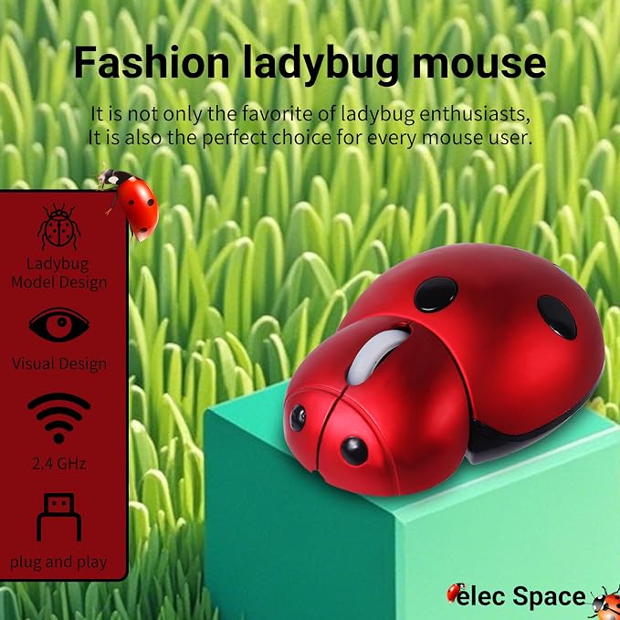 elec Space Mini Small Wireless Mouse for Kids, Cute Animal Ladybug Shape 3000DPI Portable Mobile Optical Mouse with USB Receiver Cordless Mouse for PC Mac Laptop Computer Notebook (Red)