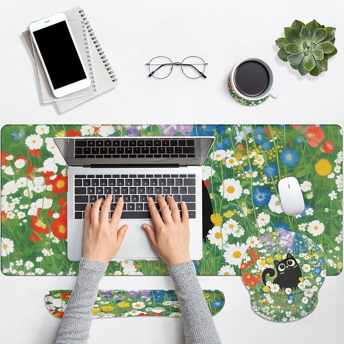 Arttown Keyboard Mouse Pad Set, 4 in 1 Desk Mat Set Cat Flower Cute | Black Red Large Mousepad+Keyboard Wrist Rest+Mouse Wrist Rest+Coaster Ergonomic Design for Home Office Computer
