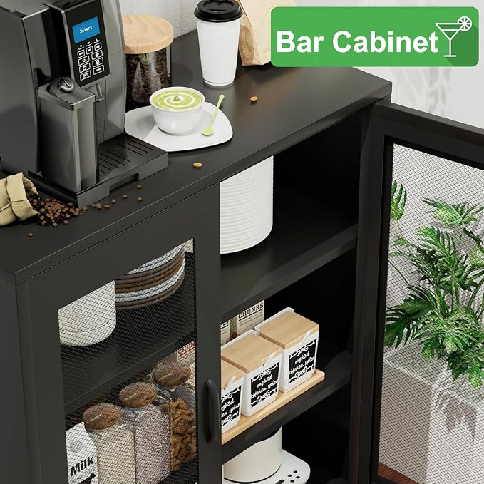 Chshin Black Metal Storage Cabinet,Metal Locker Storage Cabinet with 2 Mesh Doors and Adjustable Shelves,Kitchen Pantry Cabinets for Home,Sideboard,Living Room,Office(40" H)