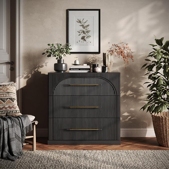 BELLEZE Bookcase with 3 Drawers, Modern Book Shelf with Metal Handle, Wood Bookshelves for Living Room Office Entryway (Ebony)