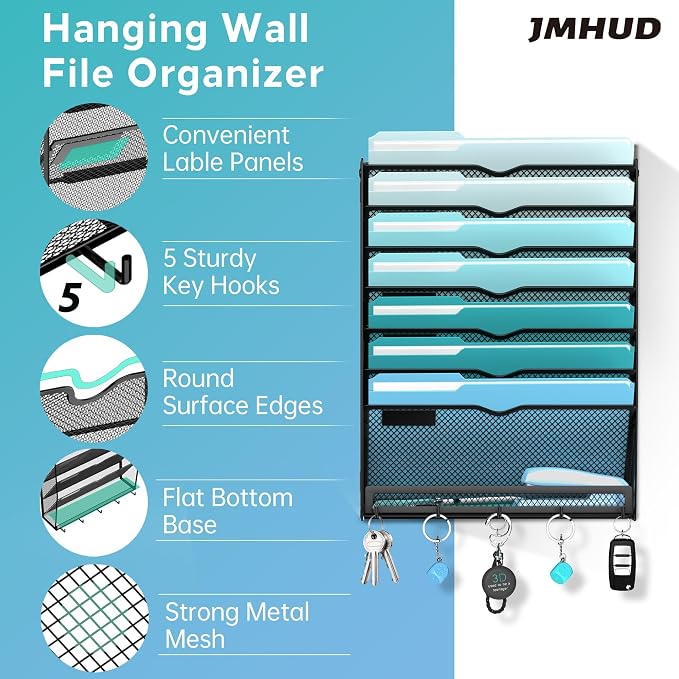 8-Tier Wall File Organizer and Mail Organizer with 5 Hooks, 2 Pack | Label slots, curved openings, 5 key hooks, and a bottom tray support organized mail, file, and everyday item storage.