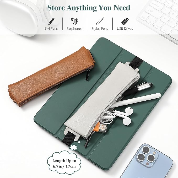 MoKo Elastic Pen Holder for Notebook, 4 Pack PU Leather Pencil Pouches | Adjustable 7.5–14.6 in bands secure the zippered pouches; each 7 × 2.2 in case holds at least 3–4 pens.