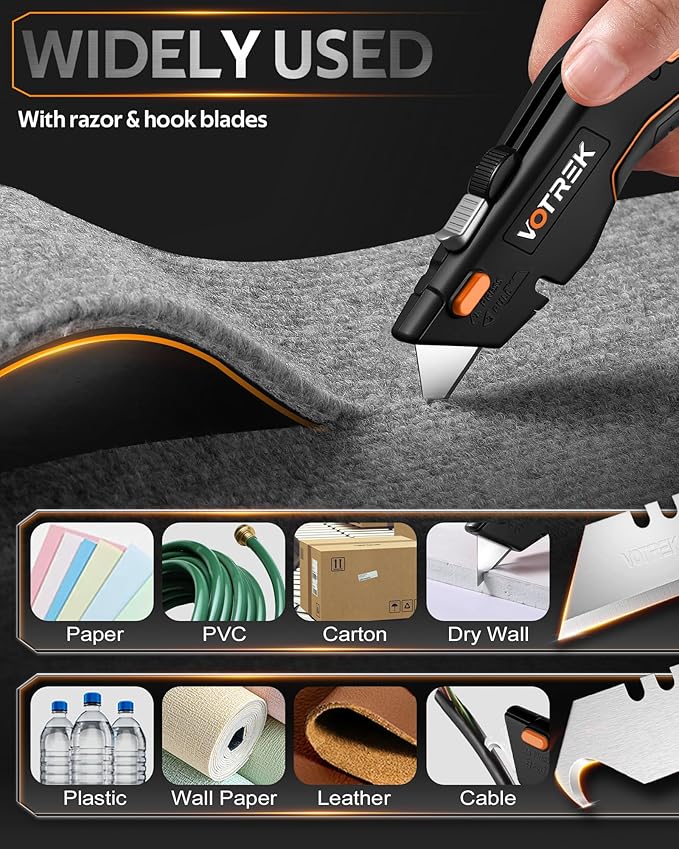 VOTREK® Box Cutter Utility Knife, [2-in-1] Retractable Box Cutter, Box Opener, Package Opener, Safety Heavy Duty Sharp Razor Knife for Home & Warehouse Cardboard, Blade Storage, with Extra Blades