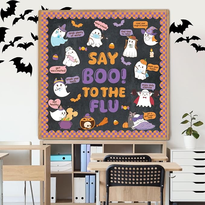 Wxiben Halloween Ghost School Nurse Bulletin Board Classroom Decorations | Pumpkin Bat Paper Cutouts Set for School Chalkboard, Pastel Office Wall Decor Supplies