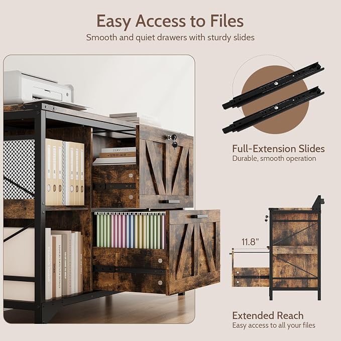 44" File Cabinet, Lateral Filing Cabinet for Home Office with 2 Drawers, Office Storage Cabinet with Lock and Key, Wooden Printer Stand with 4 Storage Shelves, Power Outlets, Bookshelf, Rustic Brown