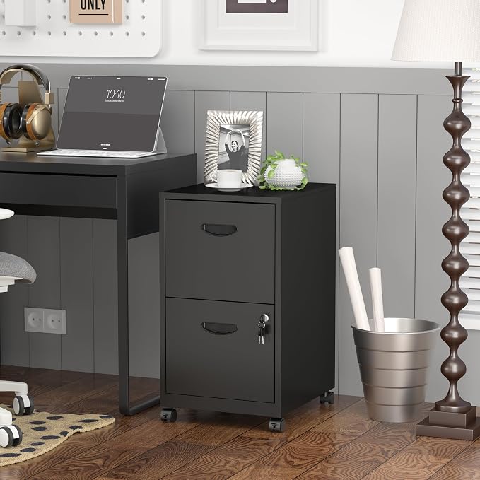 SteeLoong 2 Drawer File Cabinet,Metal Mobile File Cabinet with Lock Black | Filing Cabinet with Wheel,Vertical File Cabinet for Home Office,Under Desk Rolling File Cabinets for Hanging Letter/A4