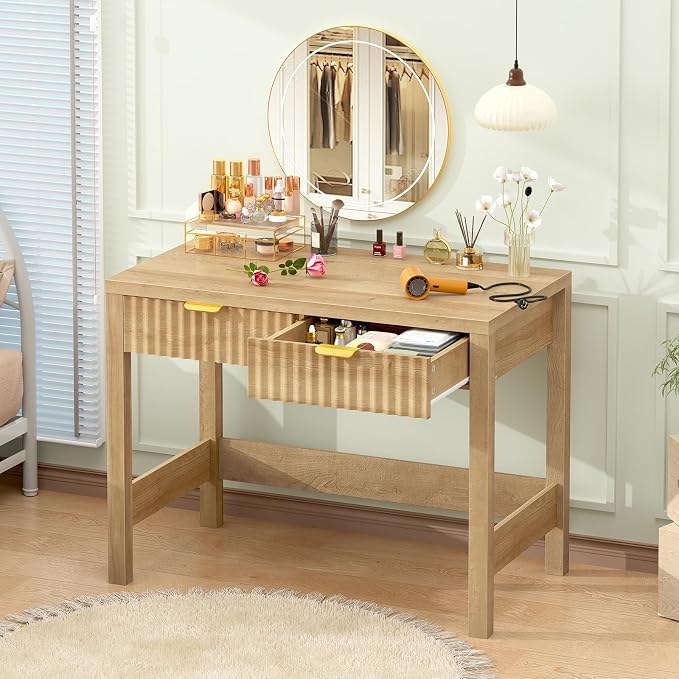 32 Inch Small Fluted Computer Desk with 2 Drawers for Bedroom, Home Office | Small Wooden Computer Desk with Storage, Compact Writing Study Vanity Desk for Small Spaces, Oak