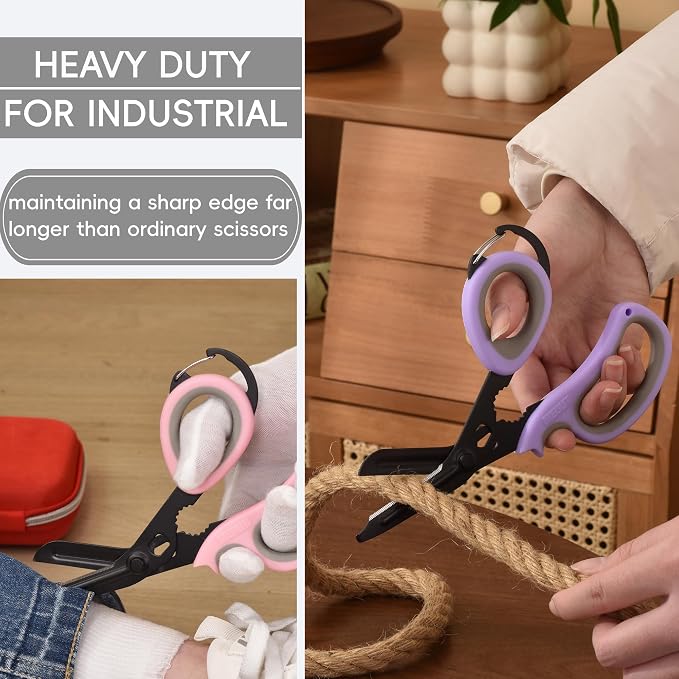 MEUUT All Purpose Scissors 2 PCS with Carabiner for Kitchen Outdoor | 7.5-inch heavy duty all purpose, Ambidextrous, micro-serrated stainless steel blades, integrated O2 wrench, soft rubber grip