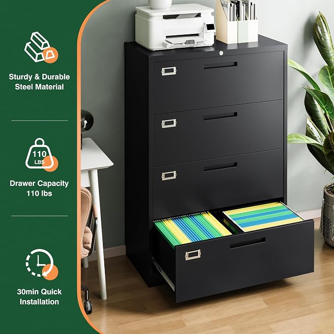 File Cabinets,4 Drawer Metal Lateral Filing Organization Storage Cabinets with Lock,Home Office for Hanging Files Letter/Legal/F4/A4 Size (Require Assembly)
