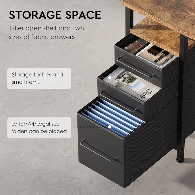 Small Desk with Drawers, Office Desk with Storage Shelves, Brown | 40 Inch Desktop, Metal Frame, 3 Fabric Drawers, Storage Shelves, Computer & Writing Desk, Office Gaming Workstation