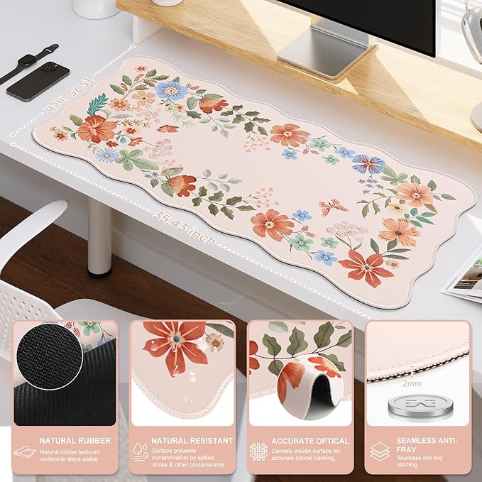 iCasso XXL Large Mouse Mat, Anti-Slip Big Mousepad with Stitched Edges, Keyboard Mat for Desktop(Light Pink)