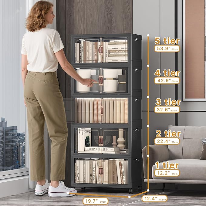 260QT Stackable Storage Bins with Lids,Doors & Wheels | Closet Organizers and Storage Cabinet, Lockable Plastic Foldable Drawers for Bedroom Dorm Office Garage（52QT*5,Black）