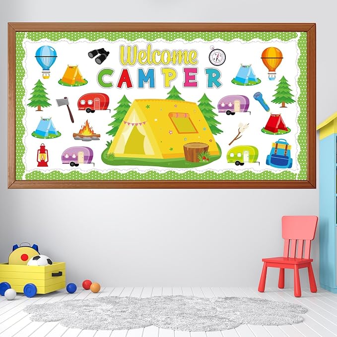 Camping Bulletin Board Set Happy Camper Trim Classroom Border Decorations VBS Tent Vintage Trailers Cutouts Welcome Camper for Back to School Summer Camping Nursery Chalkboard Wall Door Decor