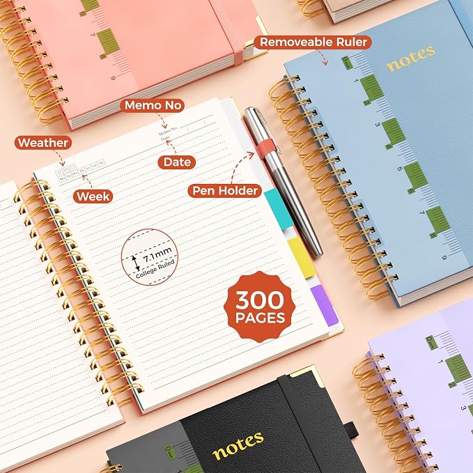 Line Hardcover Spiral Notebook with Removable Dividers Tabs & Ruler, 5 Subject Notebook College Ruled, 300 Page, Large 8"x10" B5 Notebooks for Work School, Lined Journal for Women, Light Blue