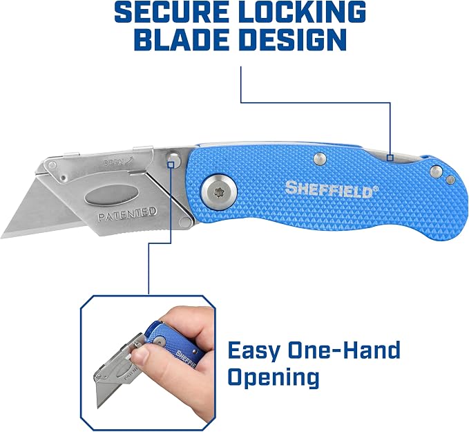Sheffield Utility Knife and Mini Box Cutter with Aluminum Handles | Folding Utility Knife Set Accepts Std and Mini Utility Knife Blades for Use in Warehouse, Construction, or DIY