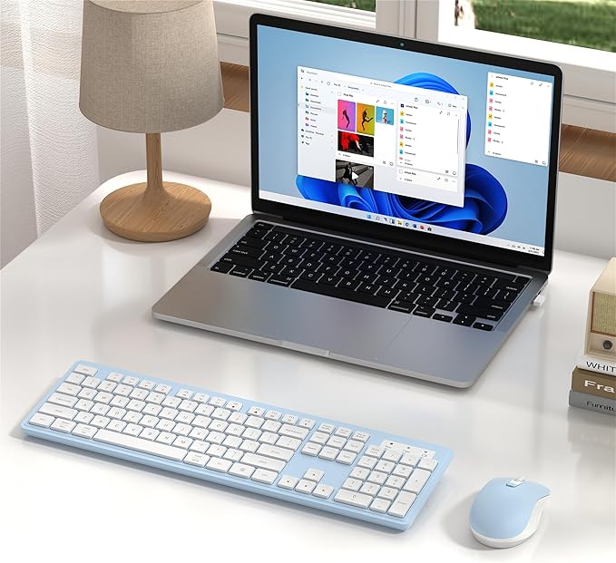 Wireless Keyboard and Mouse Combo, Full-Size 104-Key Office Keyboard with 15 Function Keys, Numeric Keypad, Single USB Receiver, Compatible with PC and Laptop(Blue White)