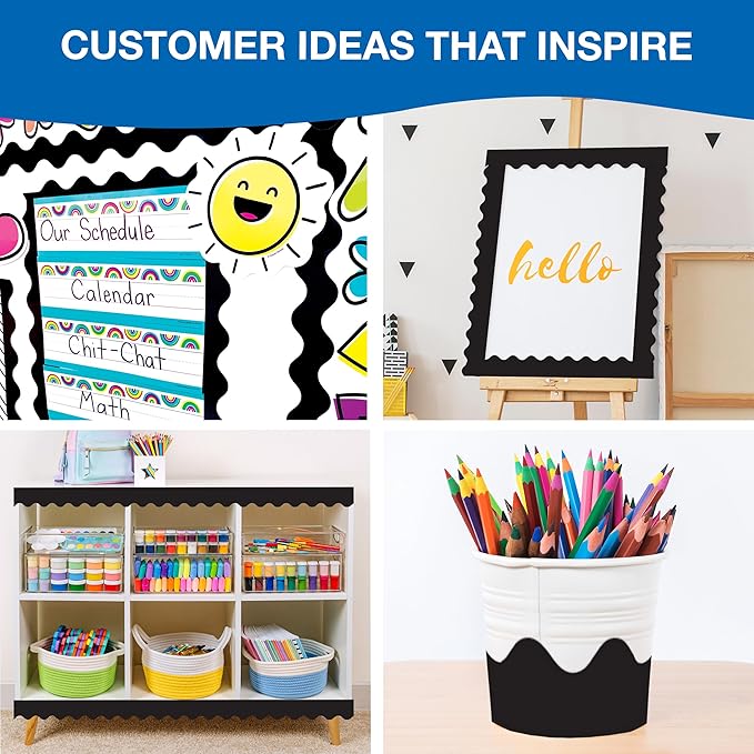 Carson Dellosa Education 65Ft of Black Bulletin Board Borders, 1 Roll of Scalloped Trim for Rolling Whiteboard, Cork and Posterboard, Party, Office Decorations, and Classroom Decor