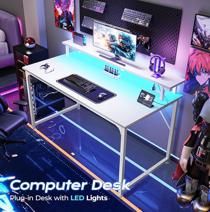 40 inch Gaming Desk, LED & Power Outlets, Monitor Stand, White | Sturdy PC Desk for Home Office, Study & Work, LED Lights, 4 AC Outlets & USB-C Charging Station