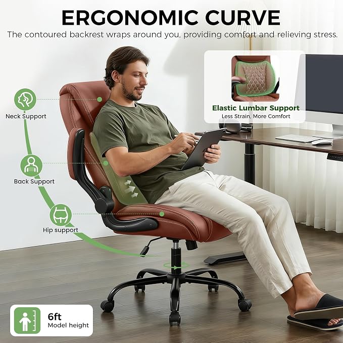 Office Chair, Ergonomic Executive Desk Chair with Lumbar Support for Lower Back Pain Relief, Padded Flip-Up Armrests, Leather Home Office Chair, Brown