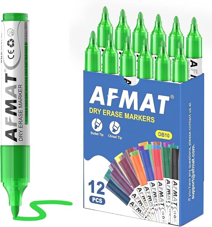 AFMAT Dry Erase Markers, 3x High Capacity, Liquid Bullet Tip Whiteboard Markers with Visible Ink Level, Low Odor Erasable Markers for Teachers, Classroom Essentials, Office Supplies[1 Colors, 12 Pack]