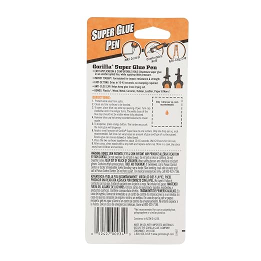 Gorilla Super Glue Pen, Precise Applicator, Fast Setting, Clear, 5.5g | Cyanoacrylate Formula, Dries in 10-45 Seconds, Anti-Clog Cap, Bonds Plastic, Wood, and Metal