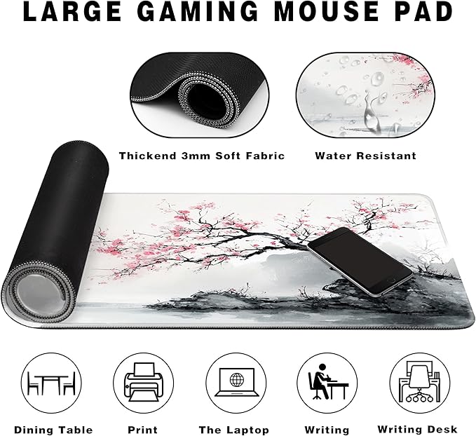 Long Gaming Mouse Pad Extended Anime Large Desk Pad with Non-Slip Base Full Keyboard Mat with Stitched Edges for Gaming and Office 31.5 x 11.8 inches (White Cherry Blossom)