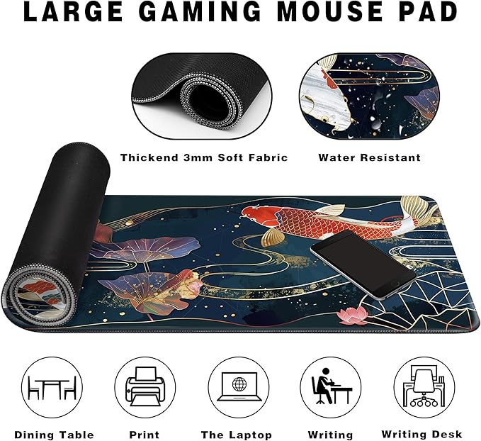 Long Gaming Mouse Pad Extended Anime Large Desk Pad with Non-Slip Base Full Keyboard Mat with Stitched Edges for Gaming and Office 31.5 x 11.8 inches (koi)