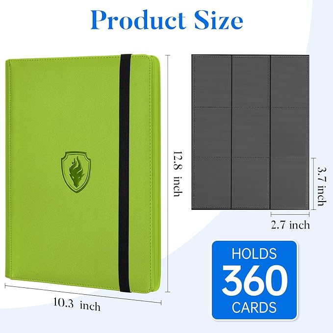 Premium 9 Pocket Card Binder for 360 Cards, Fabmaker PU Cover Trading Card Binder, Sturdy Card Collection Album, Sleek Card Holder Folders for Game Cards & Sports Cards, Green