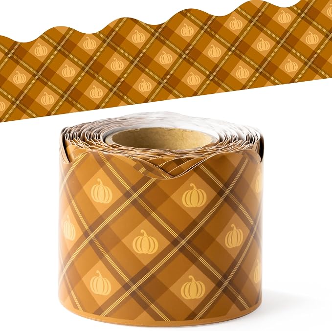 BeYumi Fall Plaid Border Trim - 65ft Pumpkin Rolled Border Classroom Decor | Thanksgiving Autumn Pumpkin Brown Bulletin Board Border Set Office School Chalkboard Kindergarten Classroom Wall Party Decor