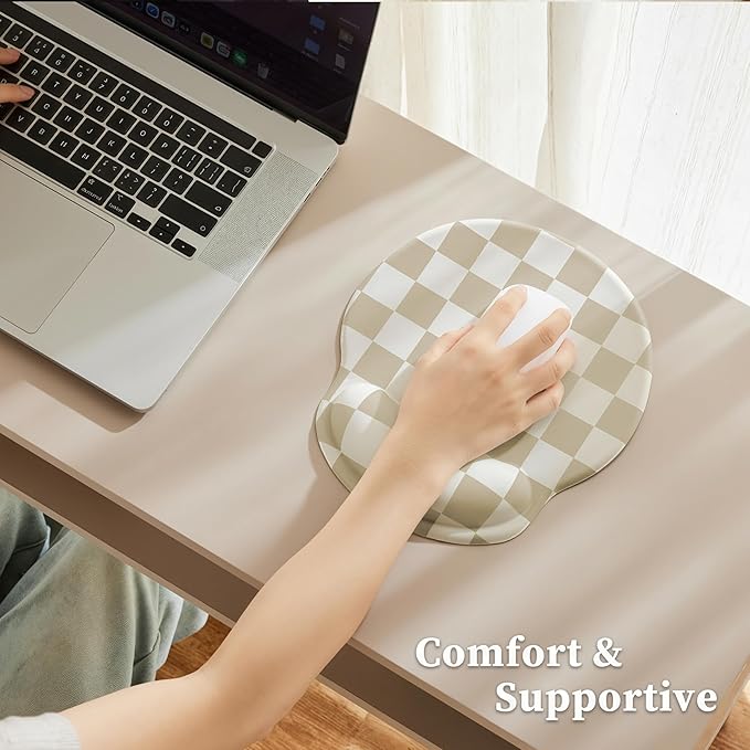 Beige White Checkered Mouse Pad with Gel Wrist Rest, Wrist Support, Ergonomic Desk Accessories for Women, Office Laptop Gaming Decor, Cute Aesthetic Check Design