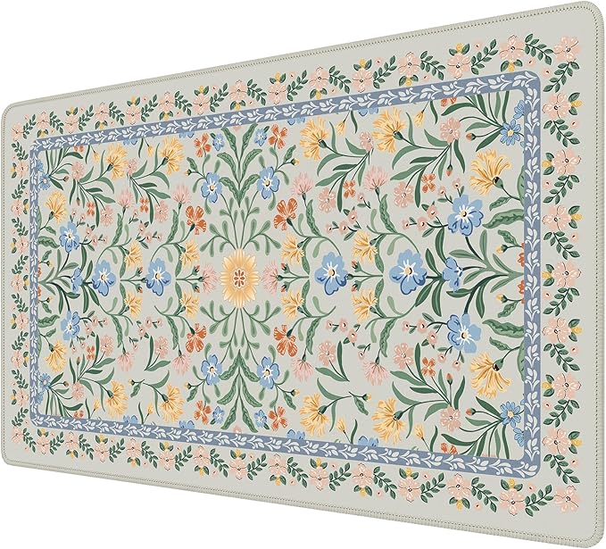 iCasso Aesthetic Flower Mouse Pad,23.6x13.7in, Green Floral | Desk Pad Mat, Desk Matt for Desktop Anti-Slip Mousepad with Stitched Edges for Laptop Computer Keyboard