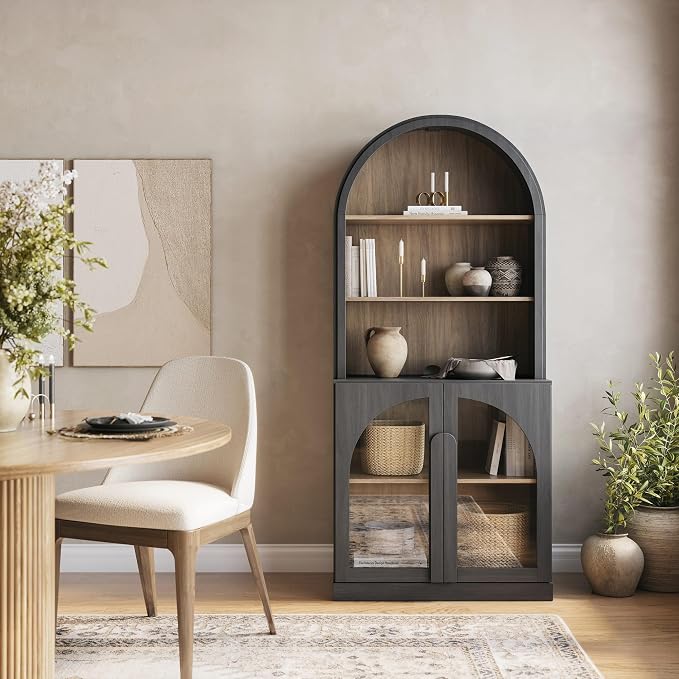 BELLEZE Arched Bookshelf with Glass Doors, 71" Tall Wood Display Cabinet with Adjustable Shelf and Hutch, 5 Tier Modern Bookcase Shelf with Storage for Living Room Office, Ebony