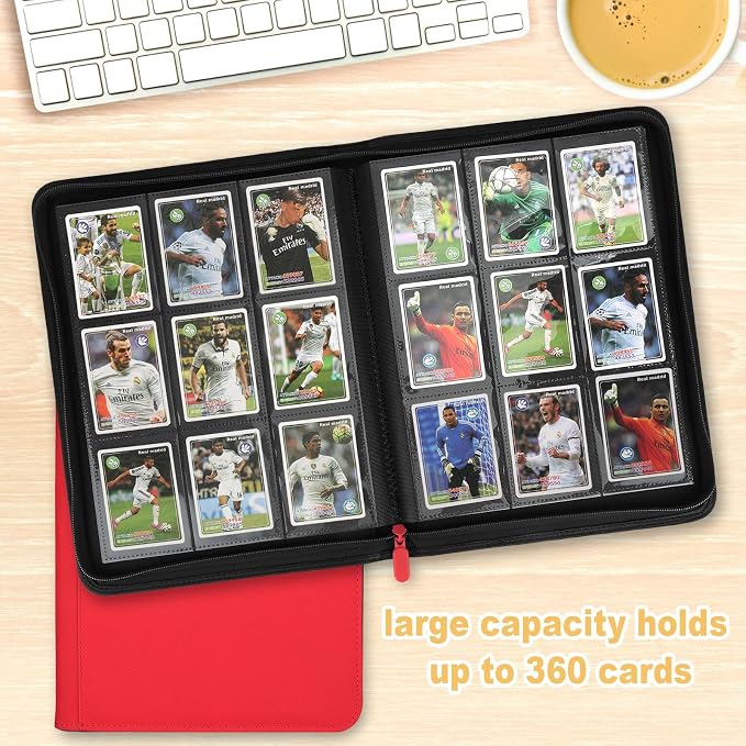 360 Cards Ringless 9-Pocket Side Loading Trading Card Binder, PU Zipper Fixed Page Card Album for TCG Sports Cards, Not Fit Top Loaders (RED)