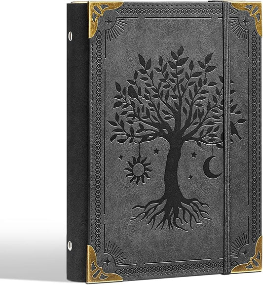 PU Leather A5 Binder 6 Ring Refillable Journal Cover No Refill Paper A5 Planner Binder Loose Leaf Binder for Notebook 5.7”x8.3” with Elastic Closure, Black Tree