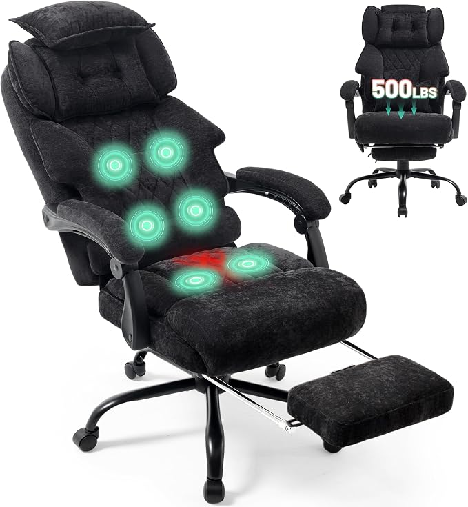 Massage Office Chair with Foot Rest,6 Points Vibration & Heat Executive Office Chairs for Heavy People,500LBS Big and Tall Office Chair,Ergonomic Reclining Desk Chair,Dual-Use Pillow,BlackCloth