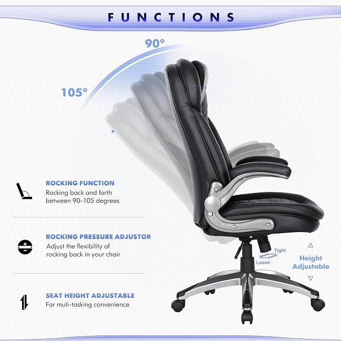 COLAMY High Back Executive Office Chairs, Ergonomic PU Leather Desk Chairs with Flip-Up Armrests, Adjustable Height, Lumbar Support, Comfortable Computer Chairs for Home Office, Set of 2