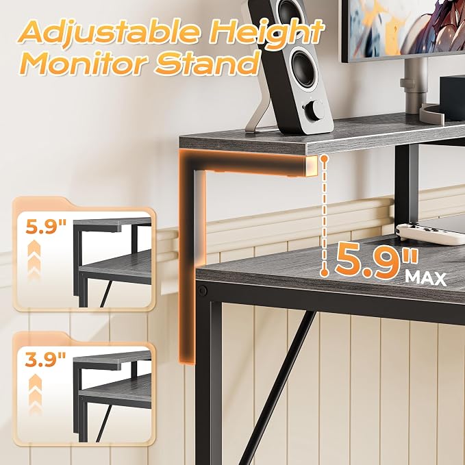 47.2 Inch Gaming Desk with LED Lights & Power Outlets | Computer Desk with Drawer & Storage Shelves, Office Writing Desk with Monitor Stand for Work from Home, Grey