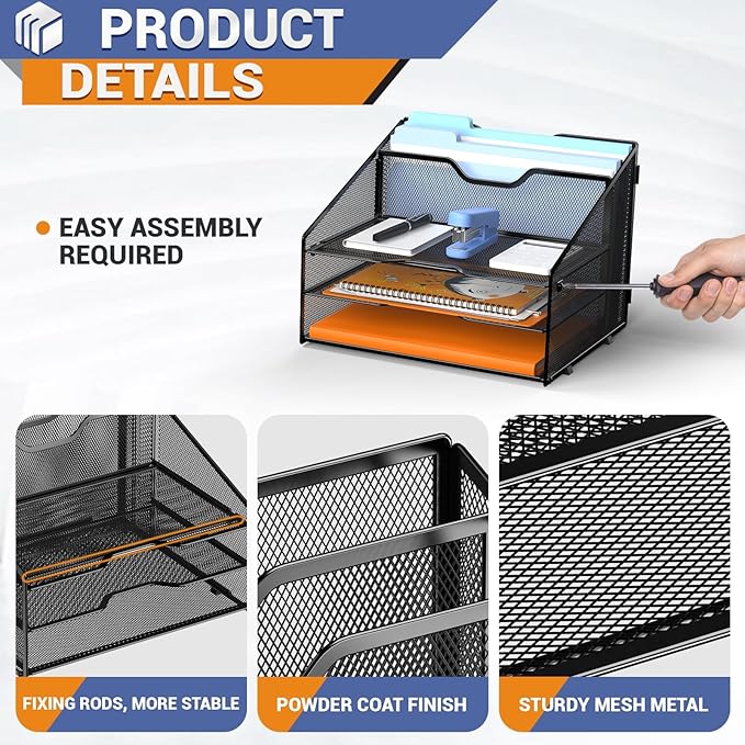 GAWERK Desk File Organizer Paper Letter Tray File Holder Office Rack, Black | Paper Tray Organizer, File Organizer for Desk, Metal Mesh Office Organization with 3 Paper Trays and 2 Vertical Section