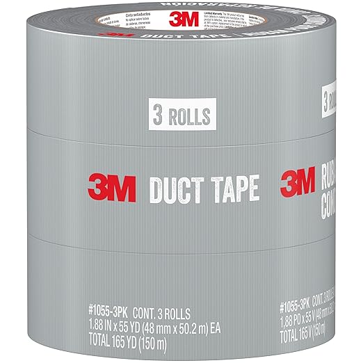 3M Duct Tape, 3 Rolls, 1.88 Inches x 55 Yards, Hand Tear, Bundle, Patch, Protect & Repair, Great Strength for Durability, Adheres to Multiple Surfaces (1055) (Pack of 12)